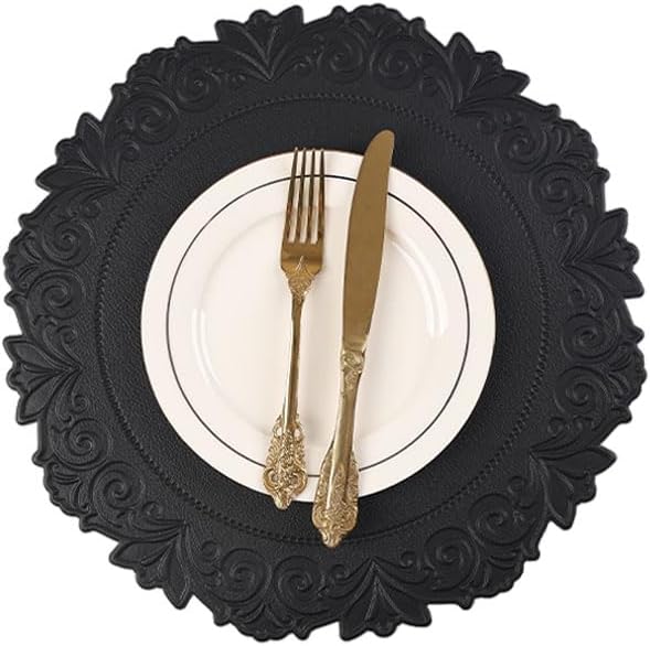 Noctiflorous Round Faux Leather Placemats Set of 6 – 15in, Waterproof, Heat-Resistant, Non-Slip & Wipeable (Black)