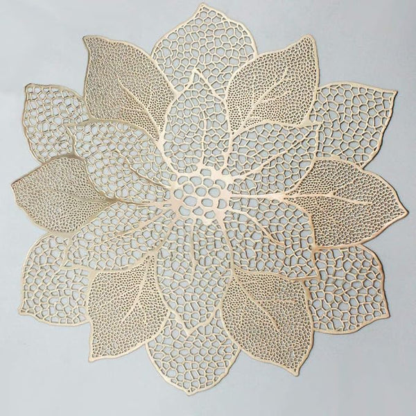 Gold Round Placemats Set of 6 – Pressed Vinyl, Metallic Hibiscus Design for Dining Table & Wedding Decor