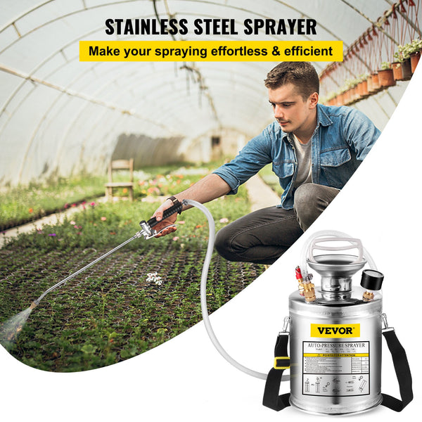 VEVOR 1Gal Stainless Steel Hand Pump Sprayer with Hose & Adjustable Nozzle