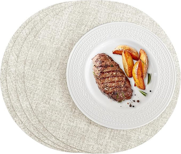 Romanstile Round Placemats Set of 4 – Reversible Faux Leather, Waterproof, Oil-Proof & Non-Slip (Beige)