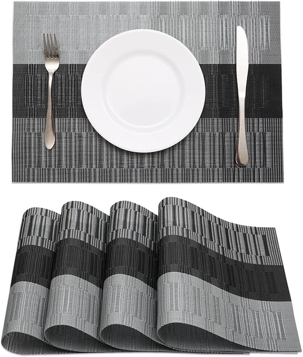 HeloHo Black Placemats Set of 4 – Heat-Resistant, Washable & Non-Slip Woven Vinyl Mats (Indoor/Outdoor)