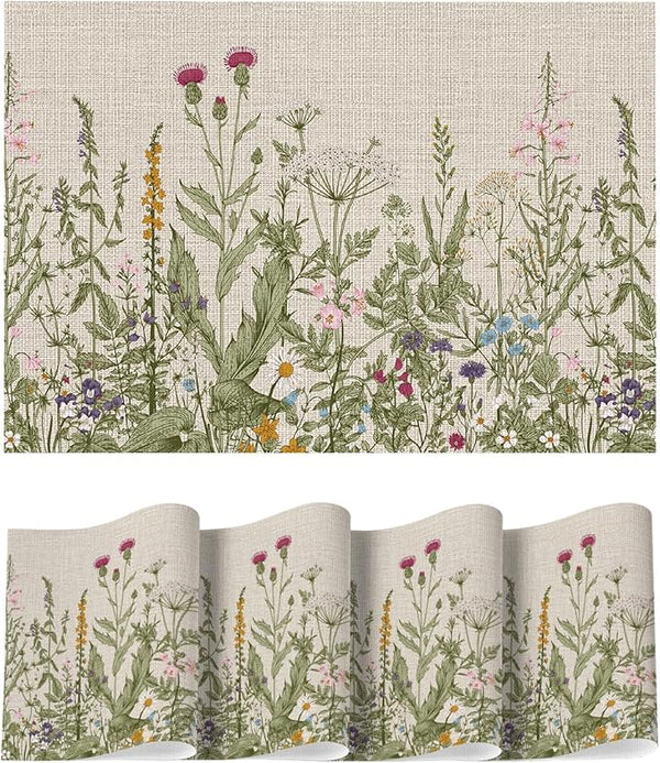 Artoid Mode Wildflower Vinyl Placemats Set of 4 – 12×18in, Washable & Non-Slip PVC Table Mats for Spring Decor