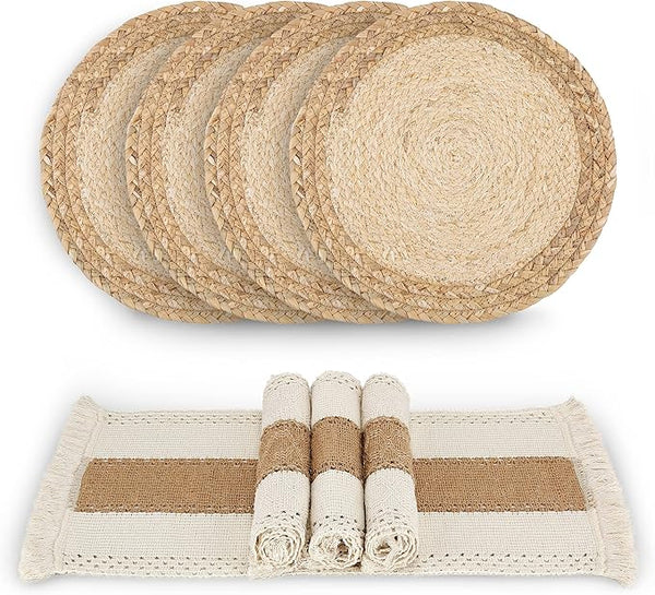 Handmade Boho Placemats Set of 4 – Cotton & Water Straw Woven, Macrame Farmhouse Style for Dining Table
