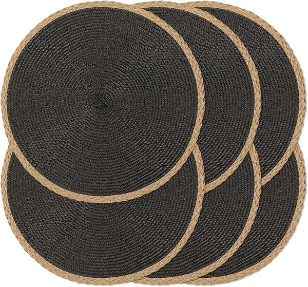 Noctiflorous Round Braided Placemats Set of 6 – 15in, Heat-Resistant, Non-Slip & Wipeable (Black)