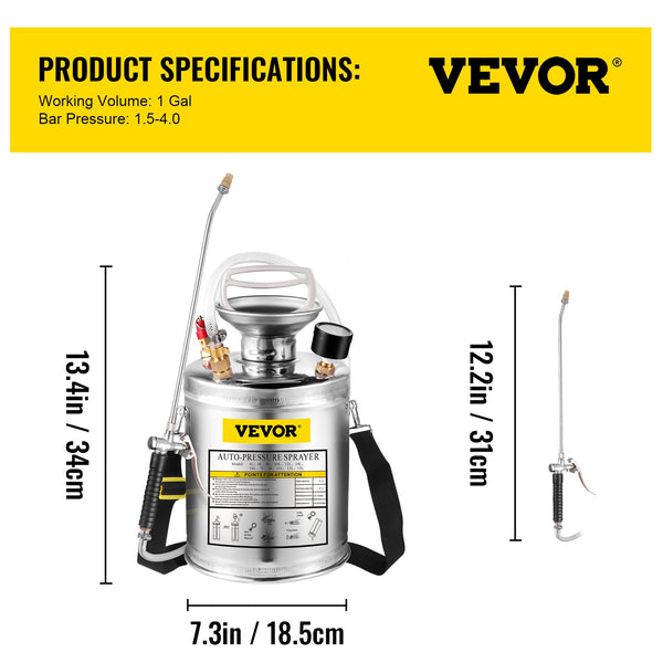 VEVOR 1Gal Stainless Steel Hand Pump Sprayer with Hose & Adjustable Nozzle